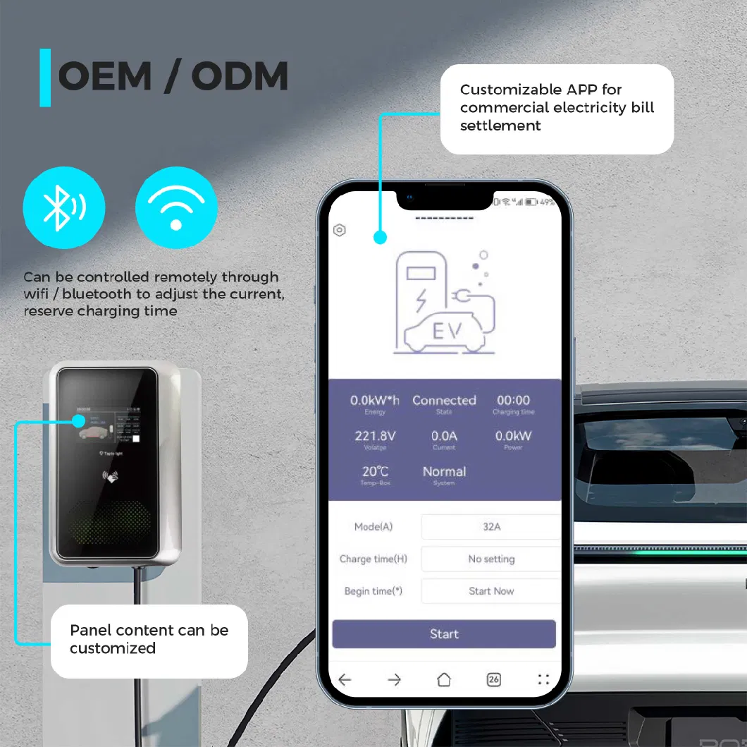 Wall-Mounted 7kw 11kw 22kw EV Charger, Plug Can Be Type 1/Type 2, Support for Setting Charging Duration and Current Size on Mobile Phones